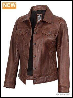 Real Lambskin Leather Trucker Jacket Women Button Closure Flap Pockets